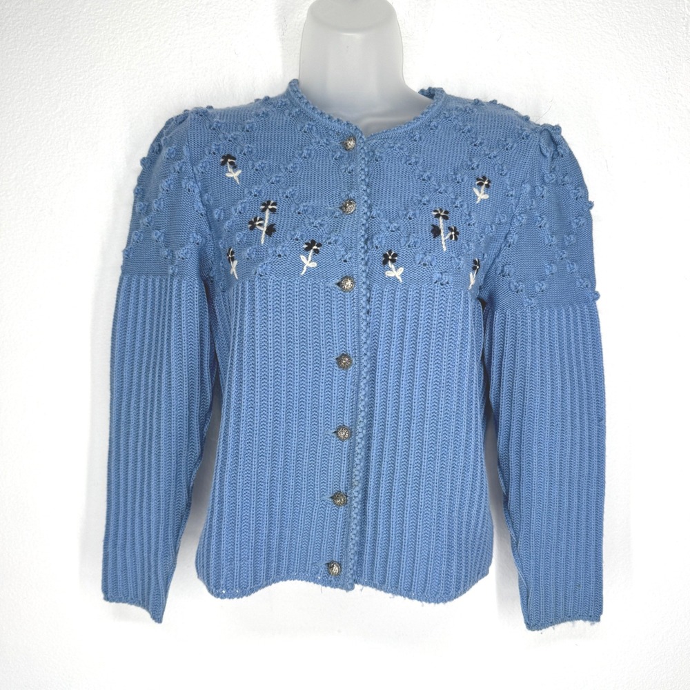 Vintage Blue Pure Wool Floral Embroidered Heart Button Cardigan Sweater S Granny